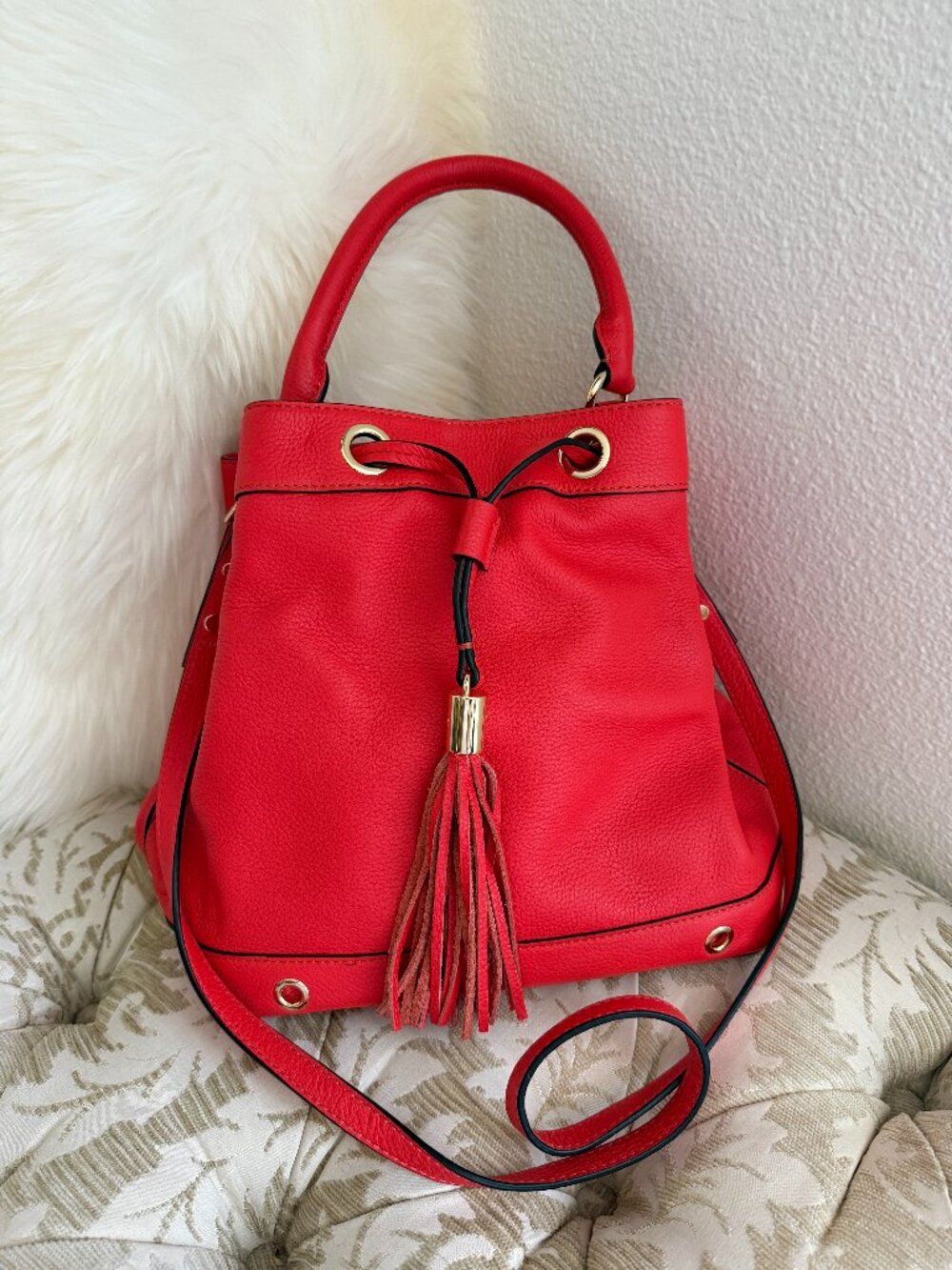 Milly Astor Vermilion Red Leather Drawstring Bucket Bag Tassel Crossbody